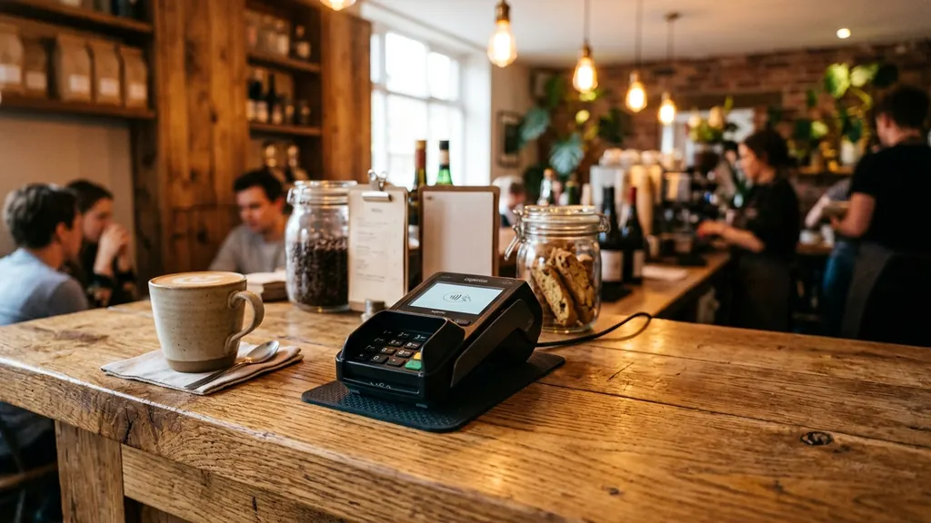 Main utilisant un terminal de paiement dans un café belge, lumière chaude