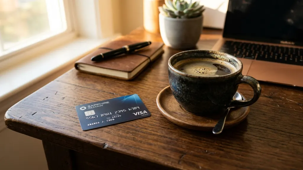 Home office desk with credit card, notebook and coffee